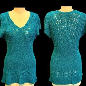 Jade teal open crochet knit sweater form fitted short‎ sleeve tunic long length